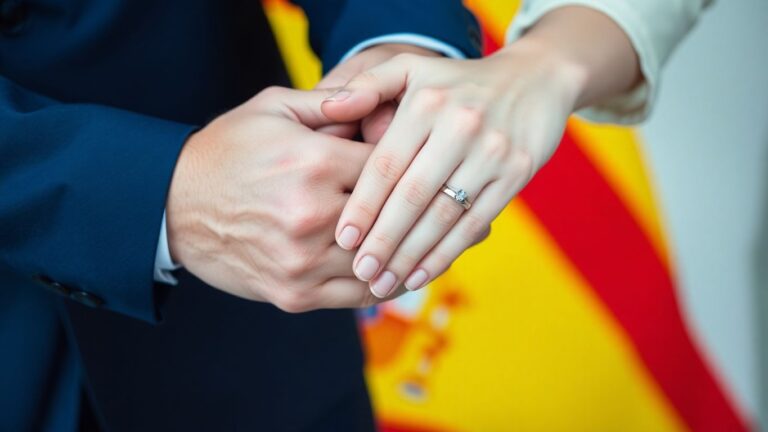 Casal de mãos dadas com bandeira espanhola ao fundo.