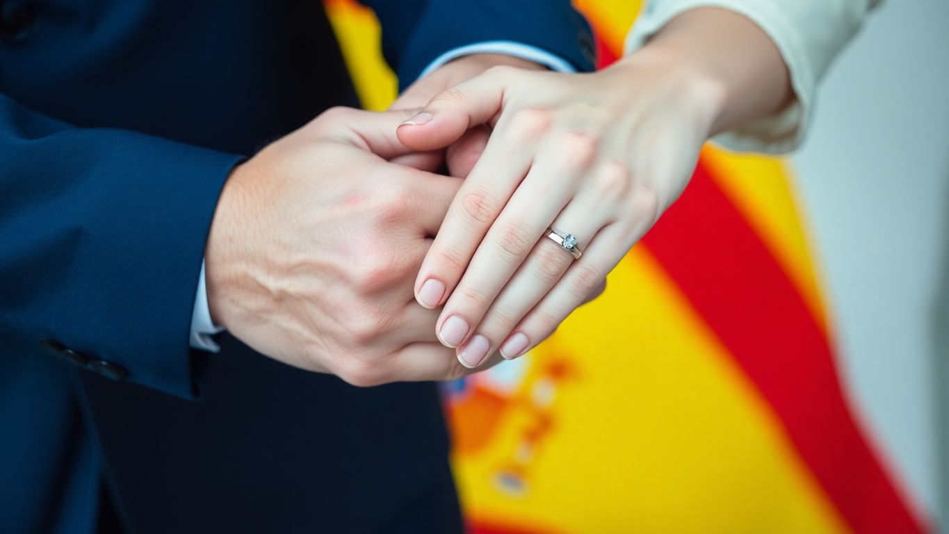 Casal de mãos dadas com bandeira espanhola ao fundo.