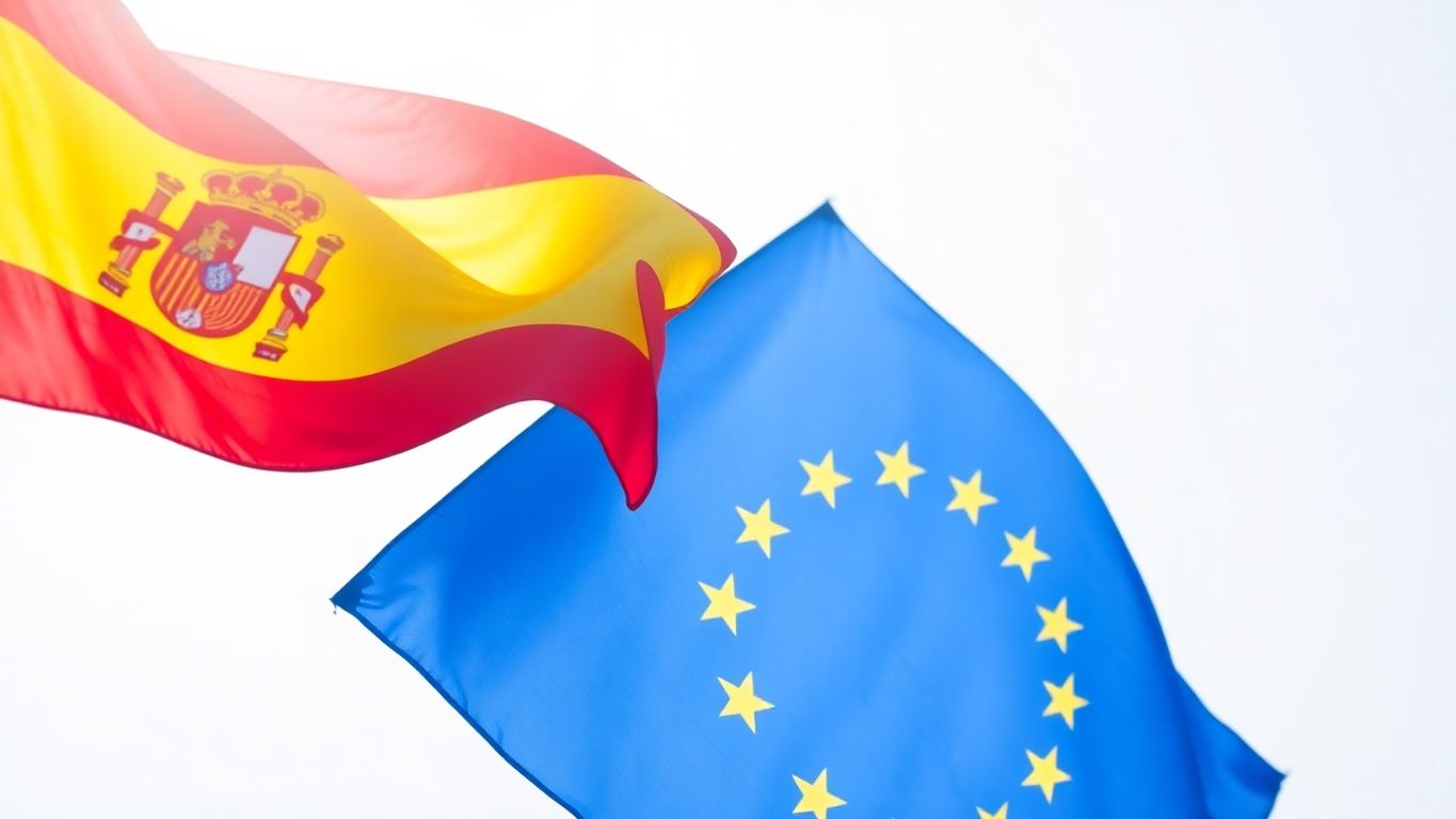 Bandeiras da Espanha e União Europeia em destaque.
