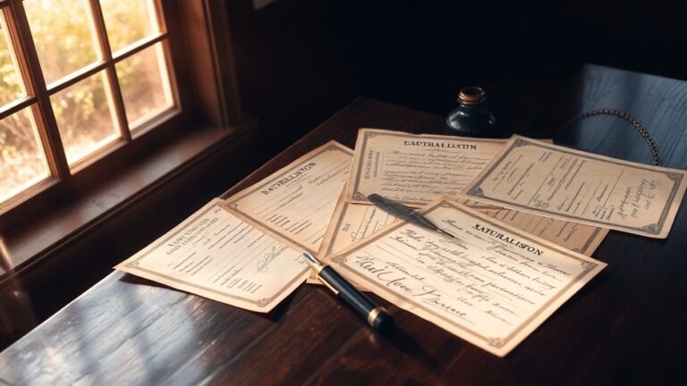 Documentos italianos antigos em mesa de madeira