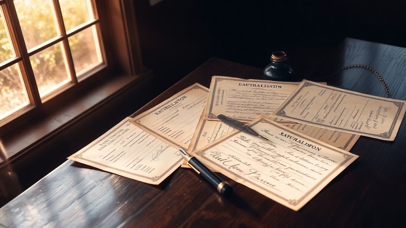 Documentos italianos antigos em mesa de madeira